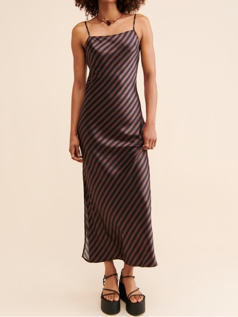 Pistola Mari Slip Midi Dress – Chocolate & Black Striped